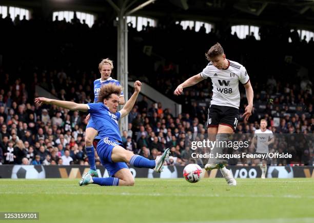 Wout Faes of Leicester City arrives too late to prevent Tom Cairney of Fulham from scoring the fourth goal for his team during the Premier League...