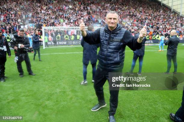 Sunderland Head coach Tony Mowbray celebrates reaching the Championship play offs' in front of the visiting fans during the Sky Bet Championship...