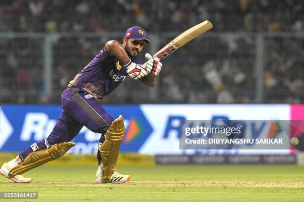 Kolkata Knight Riders' Nitish Rana plays a shot during the Indian Premier League Twenty20 cricket match between Kolkata Knight Riders and Punjab...