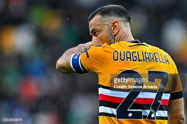 Fabio Quagliarella of Sampdoria reacts with disappointment during the Serie A match between Udinese Calcio and UC Sampdoria at Dacia Arena on May 8,...