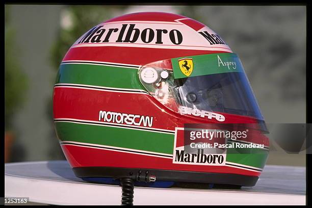 The racing helmet of Eddie Irvine of Ireland and Ferrari pictured prior to the Australian Grand Prix at Albert Park, Melbourne. Mandatory Credit:...
