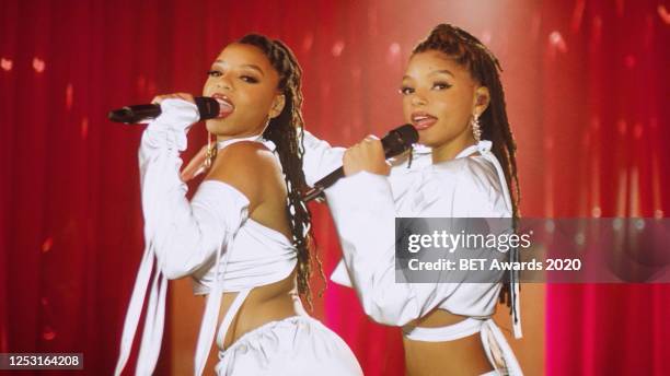 In this screengrab, Chloe x Halle perform during the 2020 BET Awards. The 20th annual BET Awards, which aired June 28 was held virtually due to...