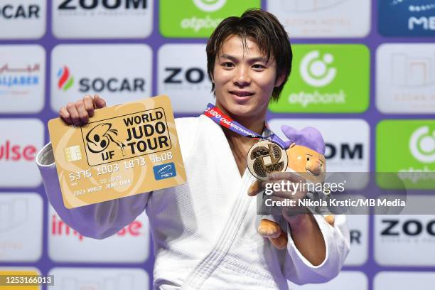 Abe Hifumi of Japan posing on the podium with gold medal during the medal ceremony in Men's -66kg during the World Judo Championships 2023 - Day 2 on...