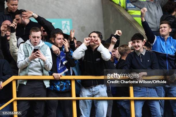 Millwall fans prematurely taunt Blackburn Rovers fans during the Sky Bet Championship between Millwall and Blackburn Rovers at The Den on May 8, 2023...
