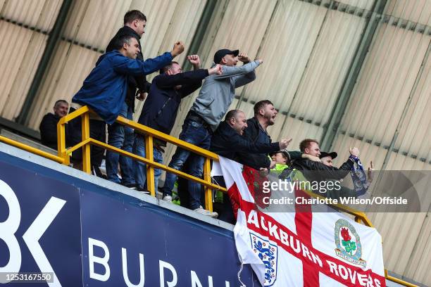 Blackburn Rovers fans taunt Millwall with West Ham gestures during the Sky Bet Championship between Millwall and Blackburn Rovers at The Den on May...