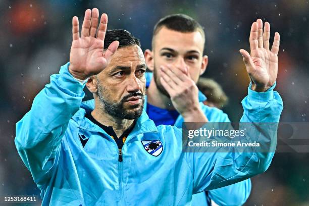 Fabio Quagliarella of Sampdoria apologizes with fans after club have been relegated after the Serie A match between Udinese Calcio and UC Sampdoria...