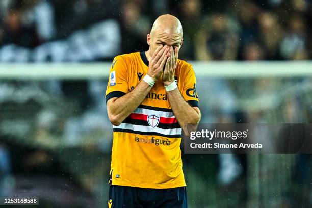 Bram Nuytinck of Sampdoria looks dejected after club have been relegated after the Serie A match between Udinese Calcio and UC Sampdoria at Dacia...