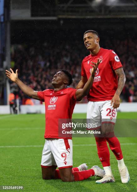 Taiwo Awoniyi of Nottingham Forest celebrates scoring the 2nd goal with Danilo during the Premier League match between Nottingham Forest and...