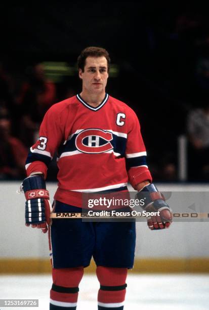 Bob Gainey of the Montreal Canadiens looks on against the New York Rangers during an NHL Hockey game circa 1982 at Madison Square Garden in the...