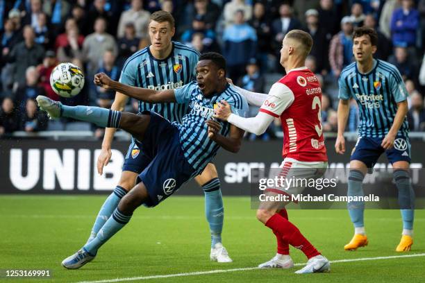 Djurgardens Joel Asoro scores the 2-0 goal during an Allsvenskan match between Djurgardens IF and Kalmar FF at Tele2 Arena on May 8, 2023 in...