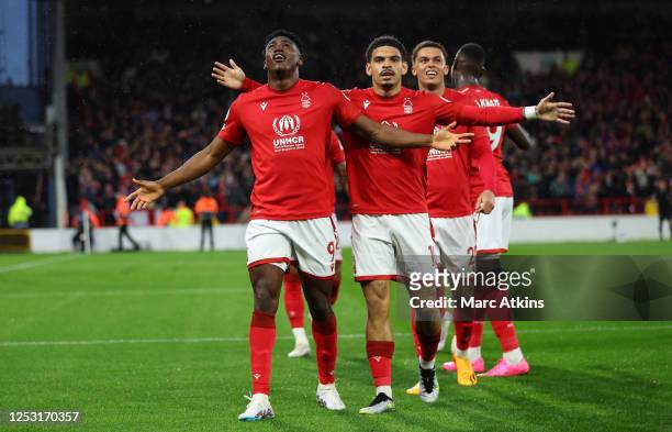 Taiwo Awoniyi of Nottingham Forest celebrates scoring the 2nd goal with Morgan Gibbs-White and Brennan Johnson during the Premier League match...