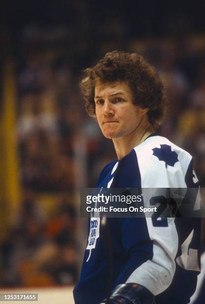 Darryl Sittler of the Toronto Maple Leafs looks on against the New York Rangers during an NHL Hockey game circa 1978 at Madison Square Garden in the...