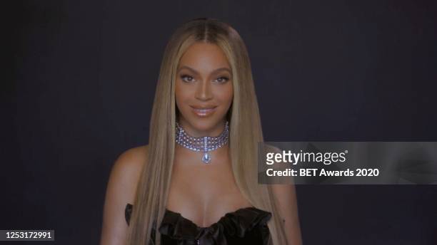 In this screengrab, Beyoncé is seen during the 2020 BET Awards. The 20th annual BET Awards, which aired June 28 was held virtually due to...