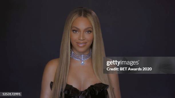 In this screengrab, Beyoncé is seen during the 2020 BET Awards. The 20th annual BET Awards, which aired June 28 was held virtually due to...