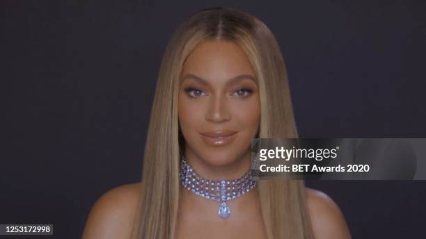 In this screengrab, Beyoncé is seen during the 2020 BET Awards. The 20th annual BET Awards, which aired June 28 was held virtually due to...