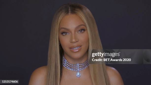 In this screengrab, Beyoncé is seen during the 2020 BET Awards. The 20th annual BET Awards, which aired June 28 was held virtually due to...