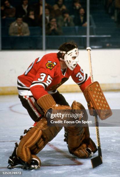 Tony Esposito of the Chicago Blackhawks defends his goal against the New York Rangers during an NHL Hockey game circa 1975 at Madison Square Garden...