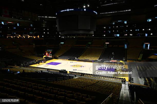 View of the court before Game Four of the Western Conference Semi-Finals of the 2023 NBA Playoffs between the Golden State Warriors and the Los...