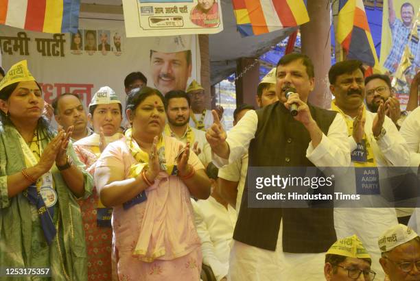 Aam Aadmi Party Rajya Sabha MP Sanjay Singh during the election campaign for Municipal Elections for Mayor candidate Janki Jagat Bisht and Councilors...