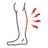 Shin hurts thin line icon, Body pain concept, Shin pain sign on white background, leg injured in shin area icon in outline style for mobile concept and web design. Vector graphics.