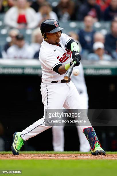 Jose Ramirez of the Cleveland Guardians hits a solo home run off Joey Wentz of the Detroit Tigers during the fourth inning at Progressive Field on...