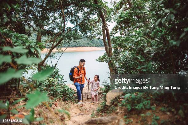 young asian dad & lovely daughter hiking together joyfully on woodland trail with hiking poles - asian young family stockfoto's en -beelden