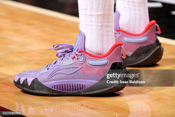 The sneakers worn by Jimmy Butler of the Miami Heat during Game 4 of the Eastern Conference Semi-Finals of the 2023 NBA Playoffs against the New York...