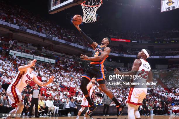 Barrett of the New York Knicks drives to the basket during Game Four of the Eastern Conference Semi-Finals of the 2023 NBA Playoffs against the Miami...