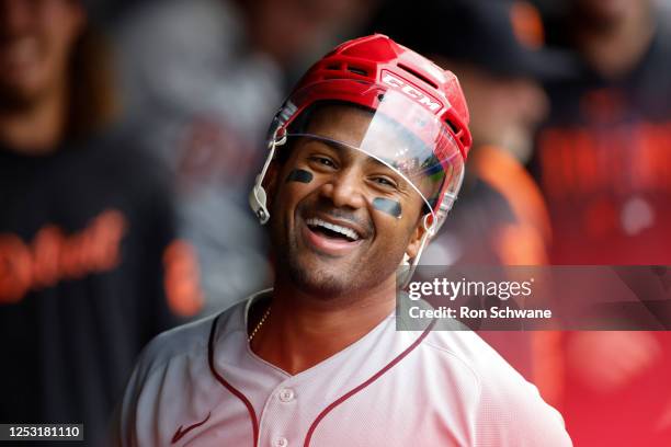 Andy Ibanez of the Detroit Tigers celebrates in the dugout after hitting a solo home run off Eli Morgan of the Cleveland Guardians during the sixth...