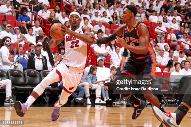 Jimmy Butler of the Miami Heat drives to the basket against the New York Knicks during Game 4 of the Eastern Conference Semi-Finals of the 2023 NBA...