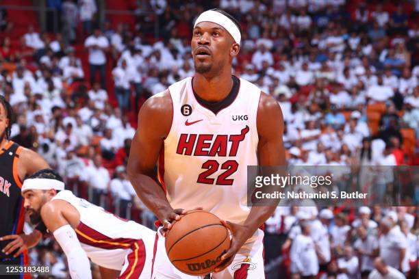 Jimmy Butler of the Miami Heat shoots a free throw during Game Four of the Eastern Conference Semi-Finals of the 2023 NBA Playoffs against the New...