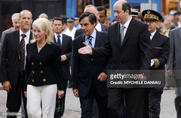 French Prime Minister Francois Fillon , local deputy and former Minister Nicole Ameline arrive with mayor of Honfleur Michel Lamarre , 02 August 2007...