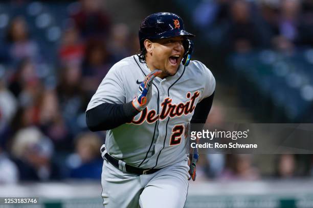 Miguel Cabrera of the Detroit Tigers runs out a single off Xzavion Curry of the Cleveland Guardians during the eighth inning at Progressive Field on...