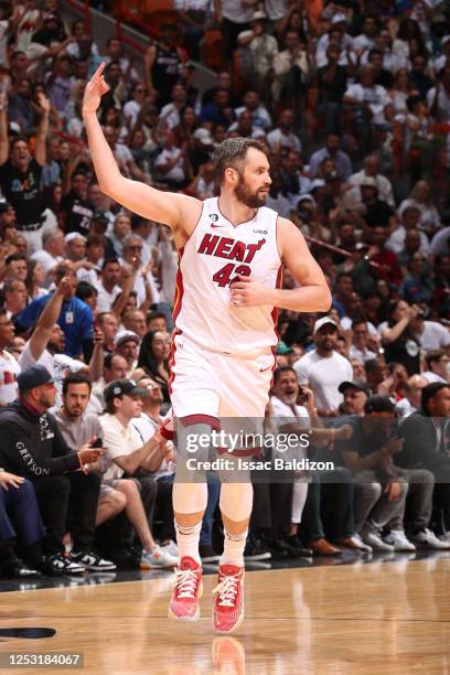 Kevin Love of the Miami Heat reacts during Game 4 of the Eastern Conference Semi-Finals of the 2023 NBA Playoffs against the New York Knicks on May...