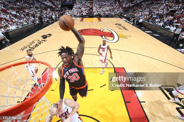 Julius Randle of the New York Knicks drives to the basket during Game Four of the Eastern Conference Semi-Finals of the 2023 NBA Playoffs against the...