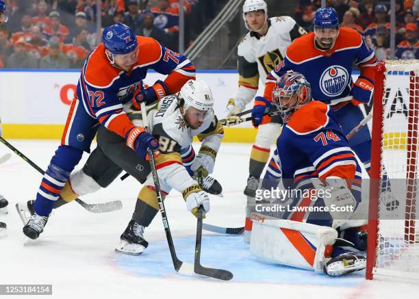 Jonathan Marchessault of the Las Vegas Golden Knights scores on Stuart Skinner of the Edmonton Oilers in the first period in Game Three of the Second...