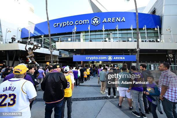 An exterior view of the Crypto.com Arena before Game Four of the Western Conference Semi-Finals of the 2023 NBA Playoffs between the Golden State...
