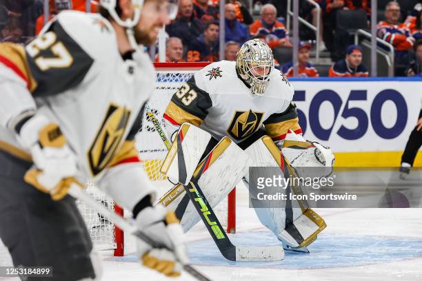 Vegas Golden Knights Goalie Adin Hill in action in the third period of game three in the Western Conference Second Round of the Edmonton Oilers...