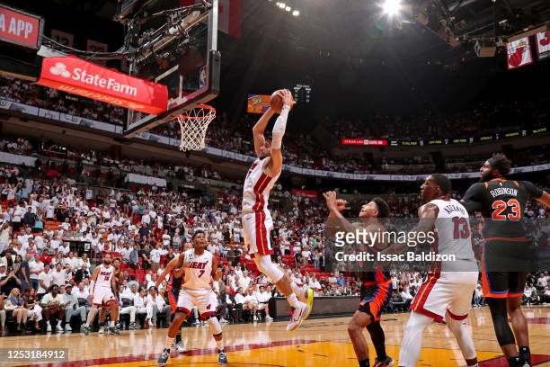 Max Strus of the Miami Heat grabs the rebound during Game 4 of the Eastern Conference Semi-Finals of the 2023 NBA Playoffs against the New York...