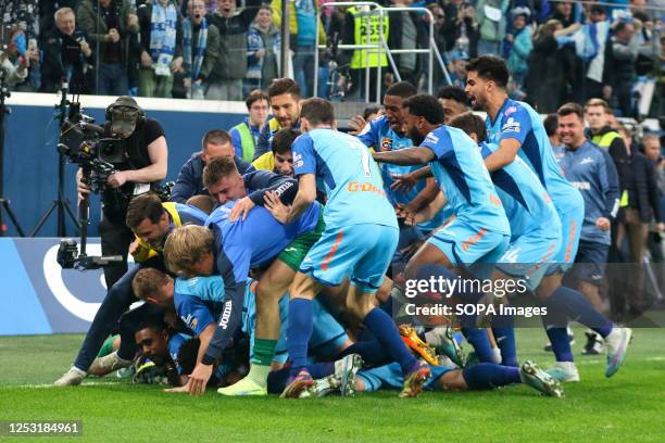 The players of Zenit are celebrating a goal during the Russian Premier League football match between Zenit Saint Petersburg and Spartak Moscow at...