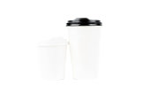 A row of paper coffee cups on a white background.Glasses for coffee and tea of different sizes isolated on white background. Hot coffee, starbucks.