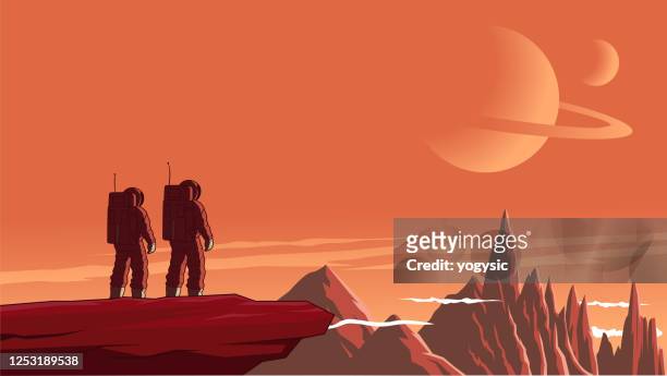 vektor-astronaut-paar auf einem unerforschten planeten stok illustration - textfreiraum stock-grafiken, -clipart, -cartoons und -symbole