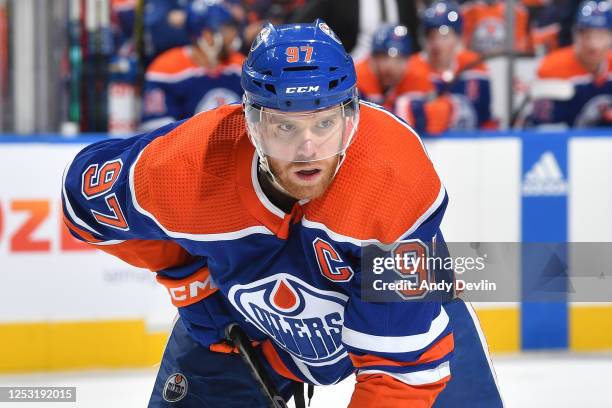 Connor McDavid of the Edmonton Oilers awaits a face-off in Game Three of the Second Round of the 2023 Stanley Cup Playoffs against the Vegas Golden...