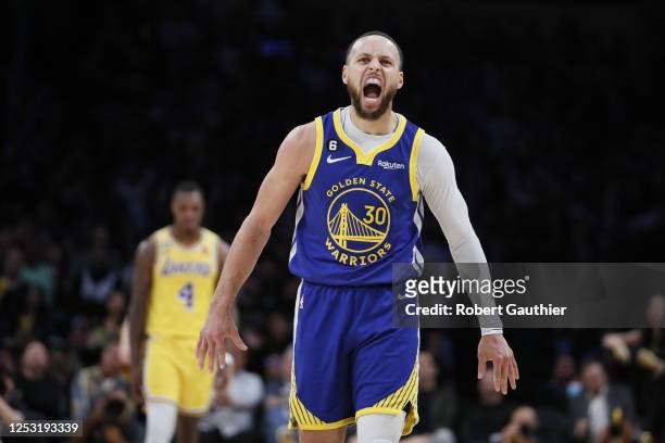 Los Angeles, CA, Monday, May 8, 2023 - Golden State Warriors guard Stephen Curry yells out after hitting a three pointer late in game four of the NBA...