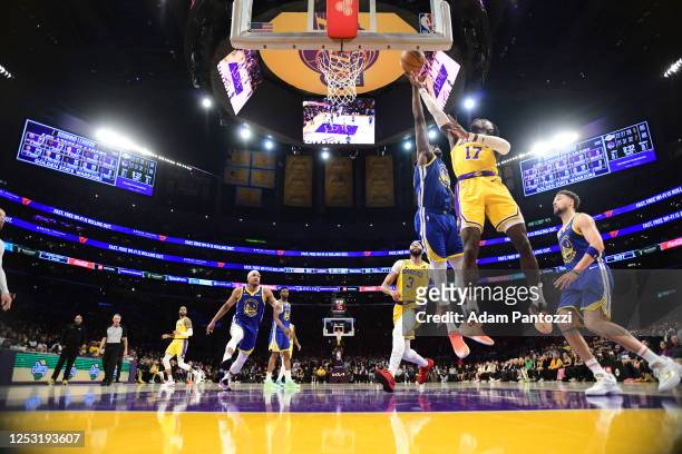 Dennis Schroder of the Los Angeles Lakers drives to the basket during Game Four of the Western Conference Semi-Finals of the 2023 NBA Playoffs...