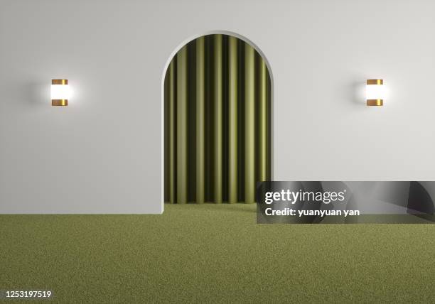3d rendering exhibition background - green curtain stock pictures, royalty-free photos & images