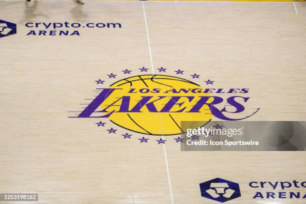 Los Angeles Lakers upper court view of the logo during game 4 of the NBA Western Conference Semifinals between the Golden State Warriors and the Los...