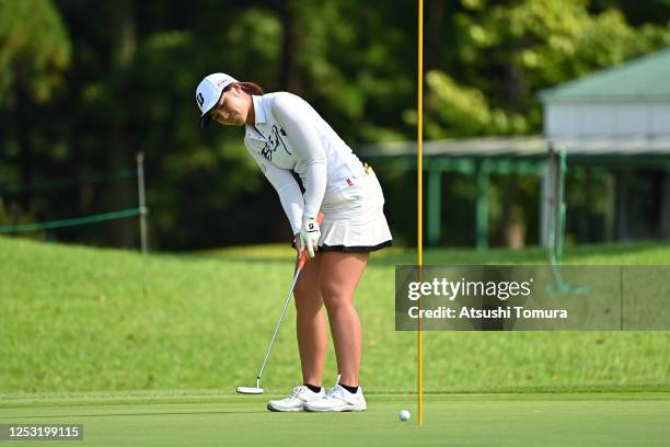 Ayaka Watanabe of Japan holes the winning putt on the playoff first hole on the 18th green during the final round of the Earth Mondamin Cup at the...