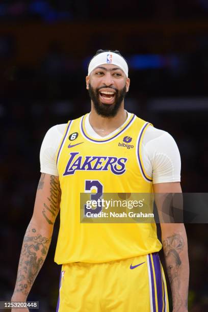 Anthony Davis of the Los Angeles Lakers looks on during the game during round two game four of the 2023 NBA Playoffs on May 8, 2023 at Chase Center...