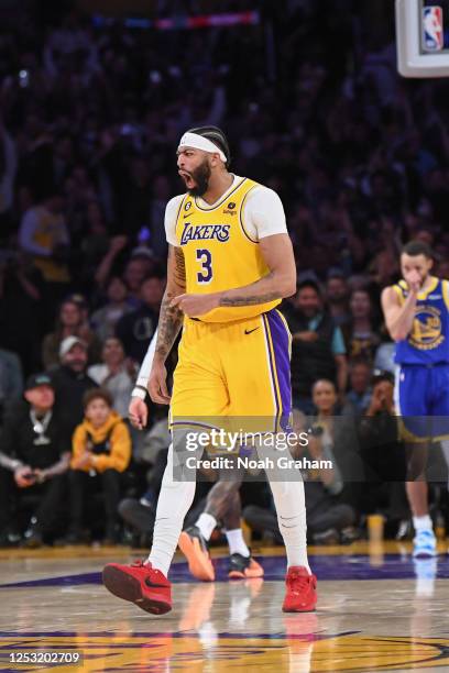 Anthony Davis of the Los Angeles Lakers celebrates during the game during round two game four of the 2023 NBA Playoffs on May 8, 2023 at Chase Center...